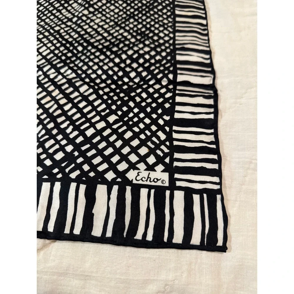 Echo Silk Scarf Black White Graphic Grid Print Square Neck Scarf 22.5in